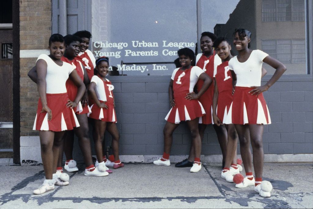 Miniature of Cheerleaders outside the Young Parents Center