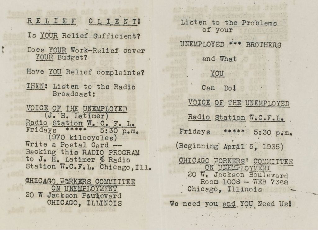 Miniature of Labor - Chicago Workers' Committee on Unemployment - leaflet, 1935 (Folder 18)