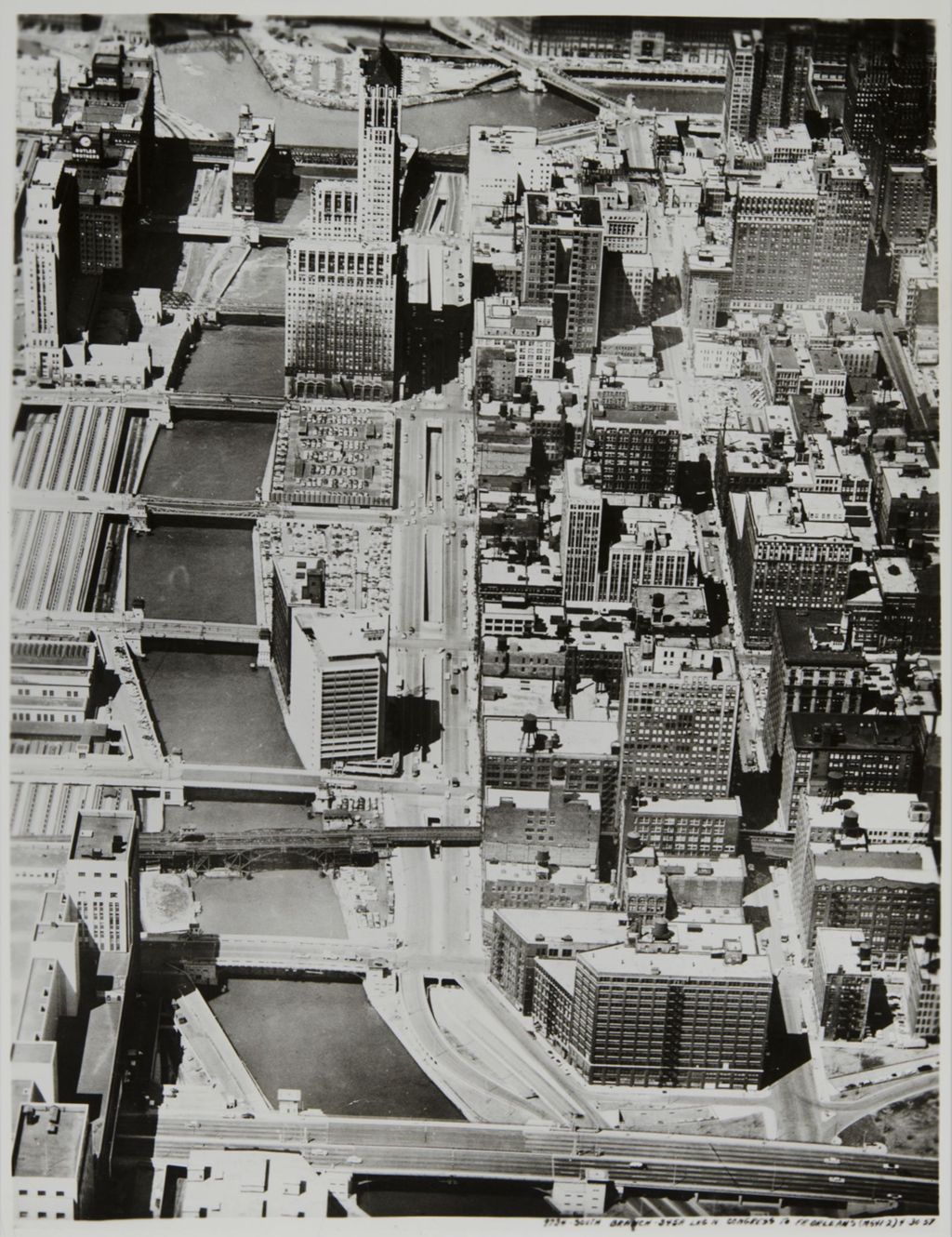 Aerial views of Chicago River and bridges: Chicago River jackknife bridges (Folder 1)