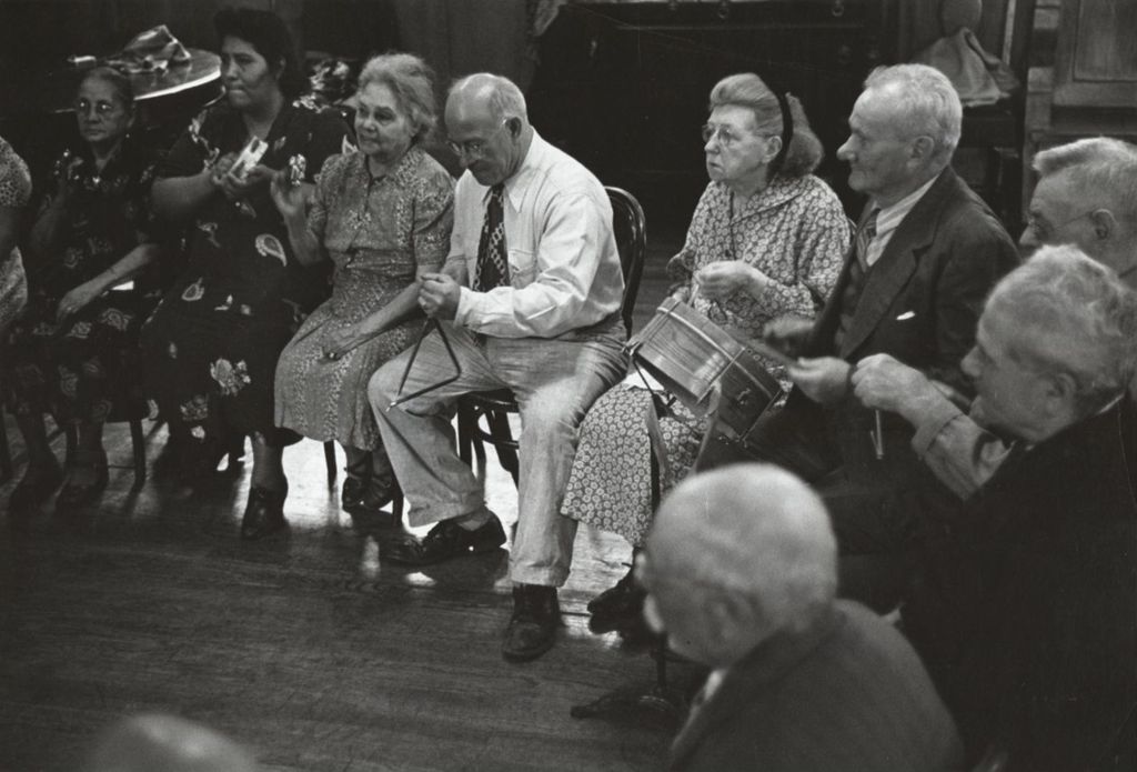Miniature of Members of the Hull-House senior citizens club playing instruments in a band in the Residents Dining Hall