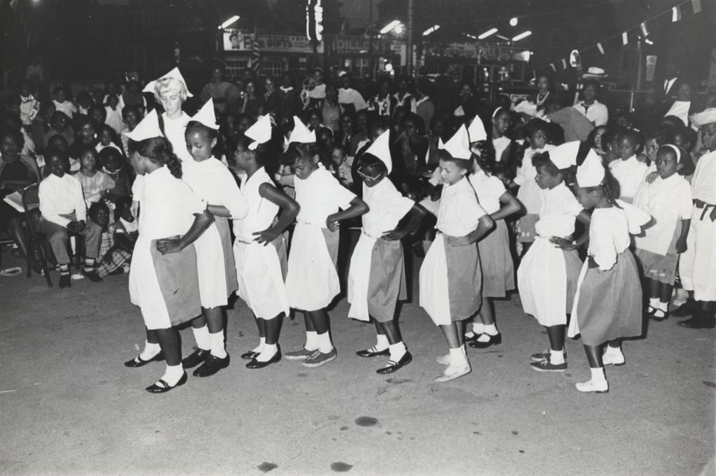 Girls performing in a line at the closing activity for Parkway Community House's 1962 day camp