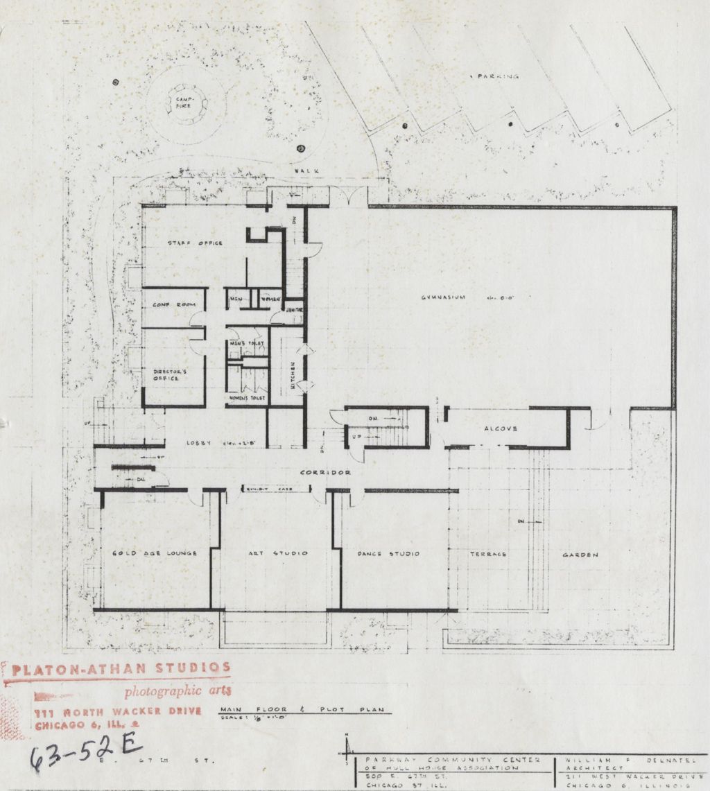 Architectural plan for new Parkway Community House - main floor and plot plan