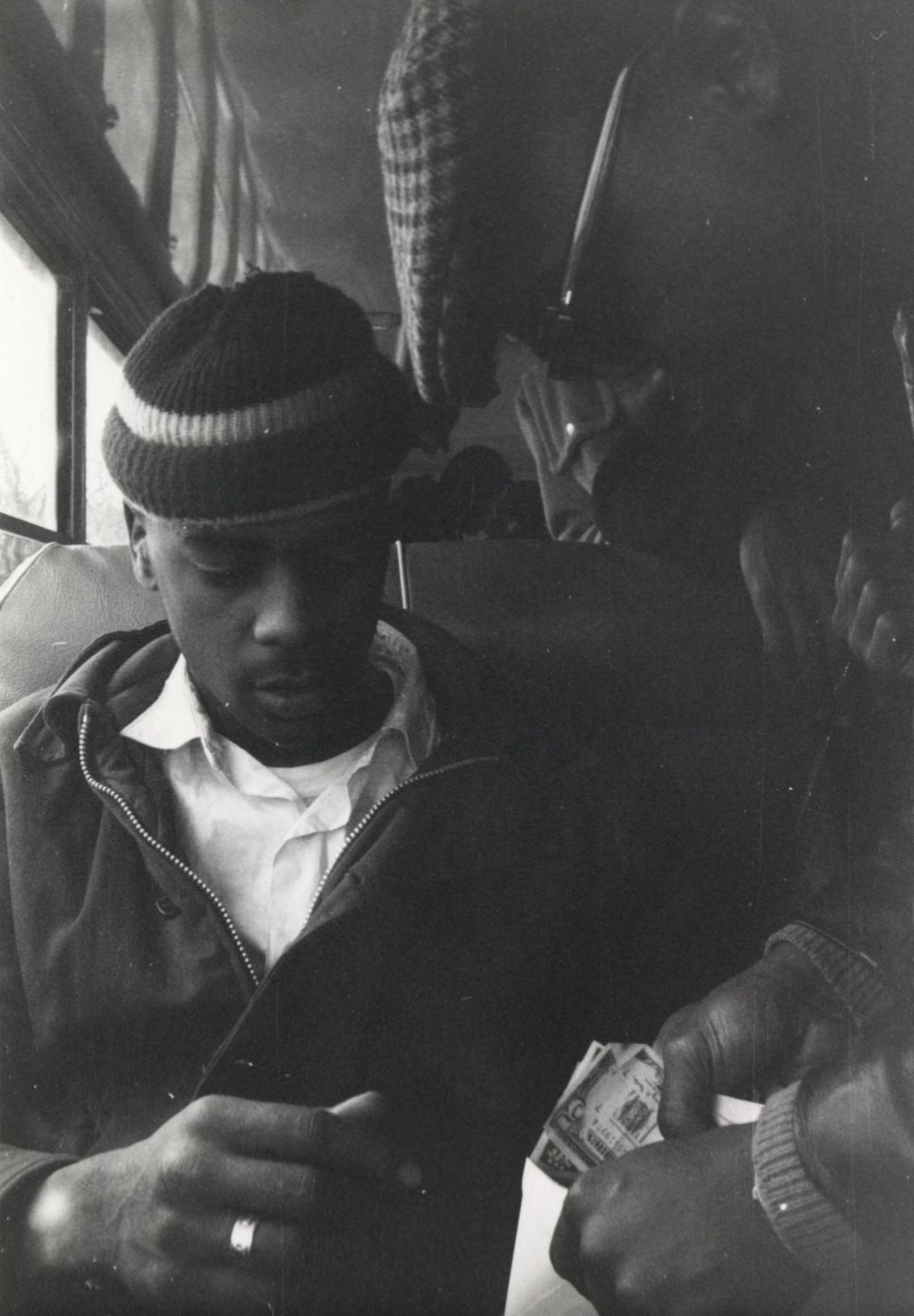 Man and young man on the bus at the Hull-House camp in Wisconsin