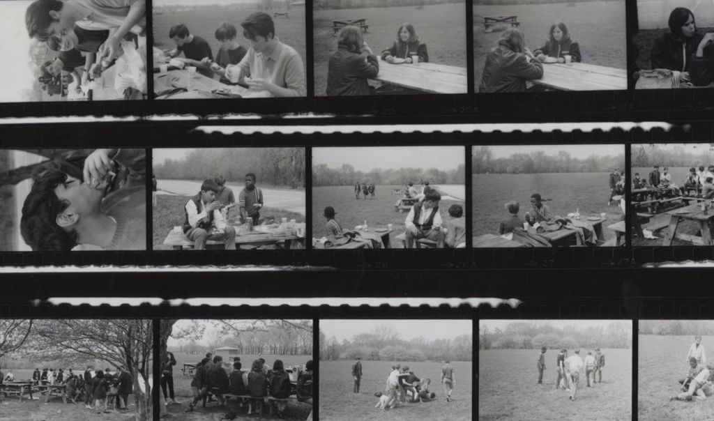 Contact sheet with 15 photos of Hull-House camp in Wisconsin