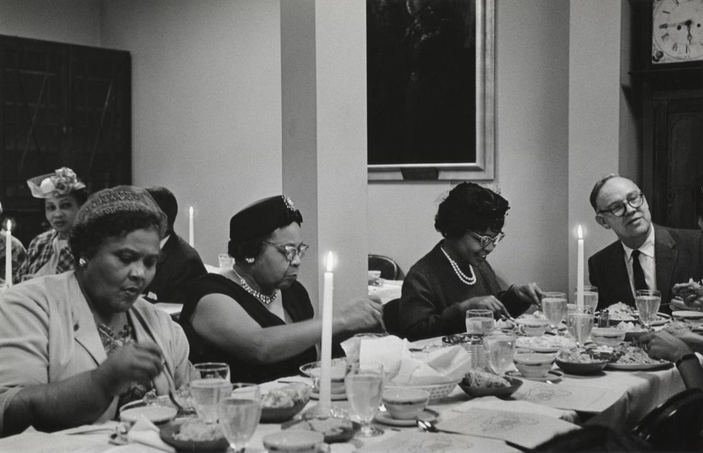 Attendees eating dinner at 1964 annual meeting of Parkway Community House