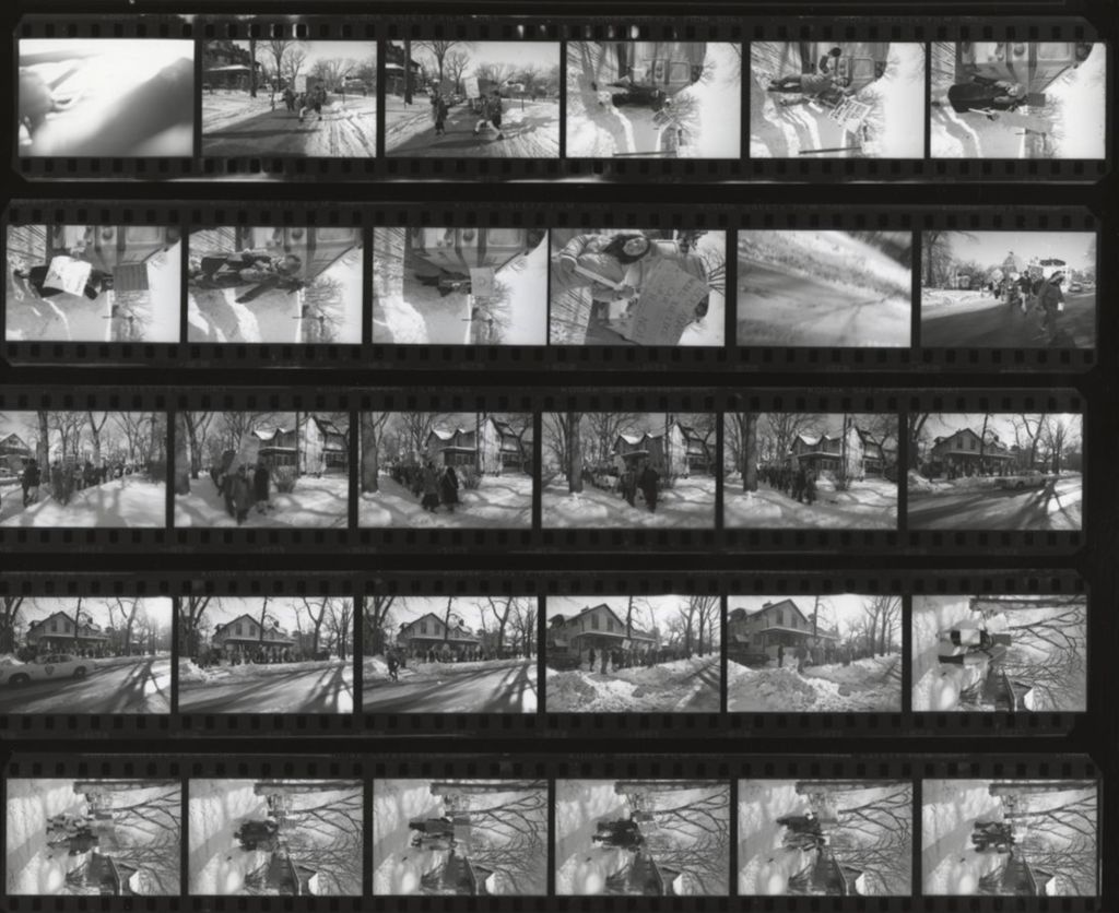 Contact sheet with 30 photos of union members picketing Jane Addams Hull-House Association Executive Director Bob Adams' home