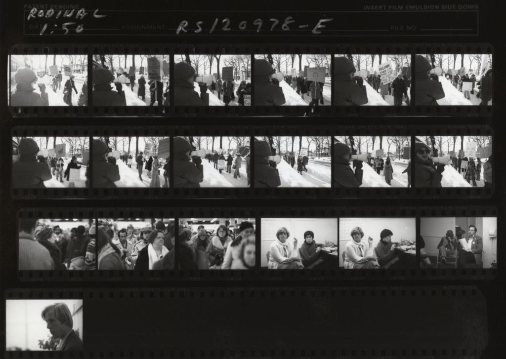 Contact sheet with 19 photos, mostly of union members picketing Jane Addams Hull-House Association Executive Director Bob Adams' home