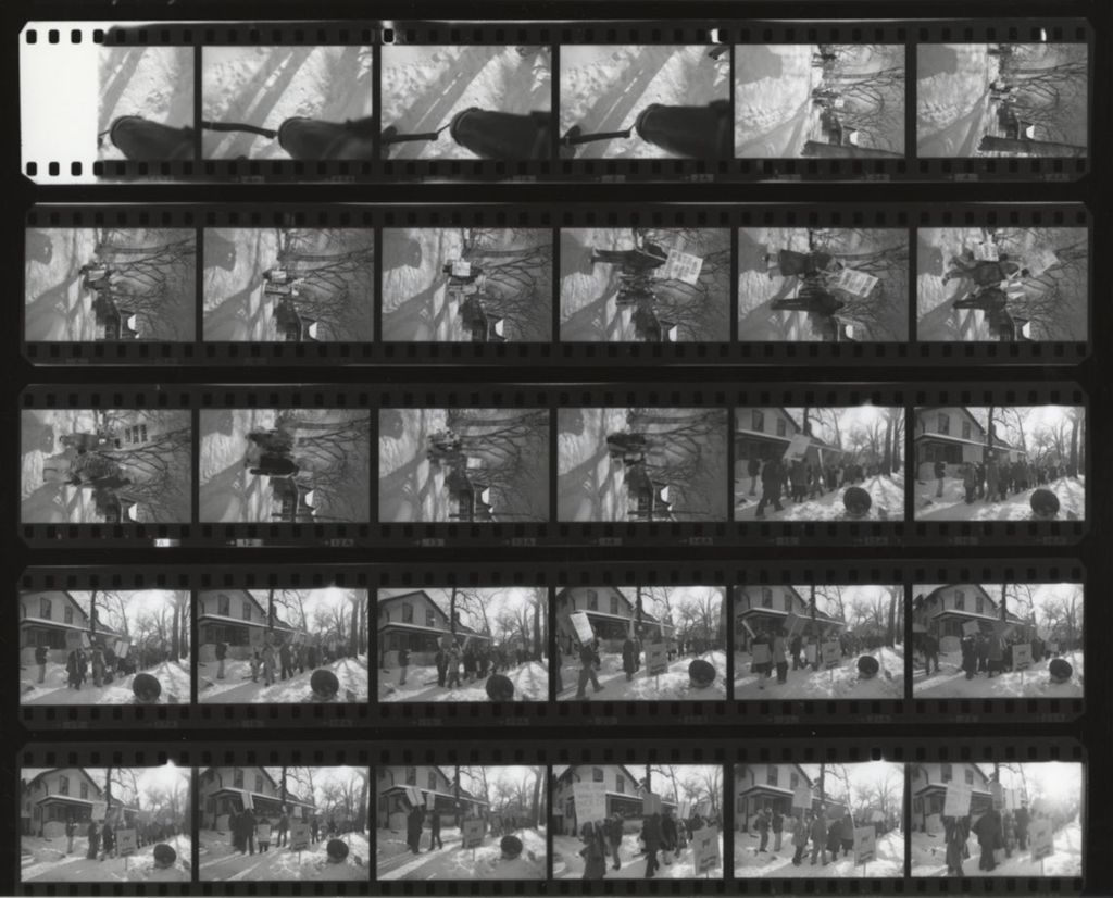 Contact sheet with 30 photos of union members picketing Jane Addams Hull-House Association Executive Director Bob Adams' home