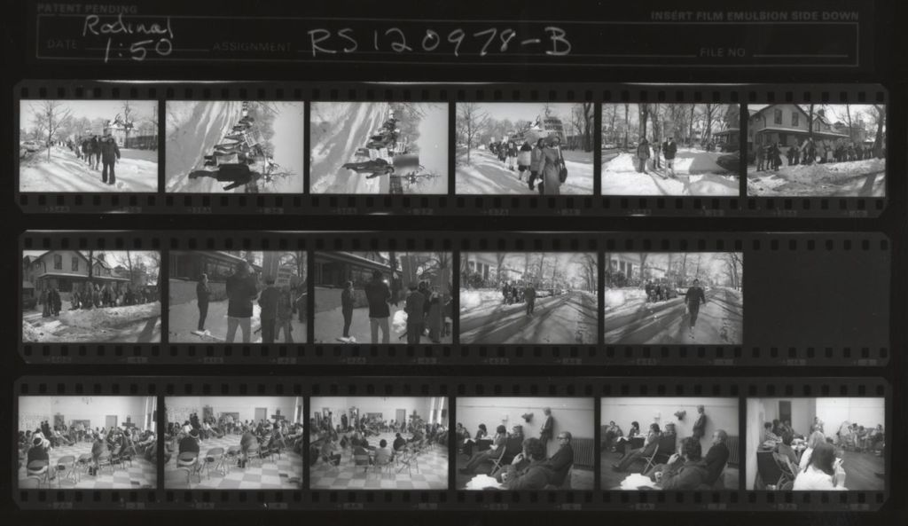 Contact sheet with 17 photos, mostly of union members picketing Jane Addams Hull-House Association Executive Director Bob Adams' home