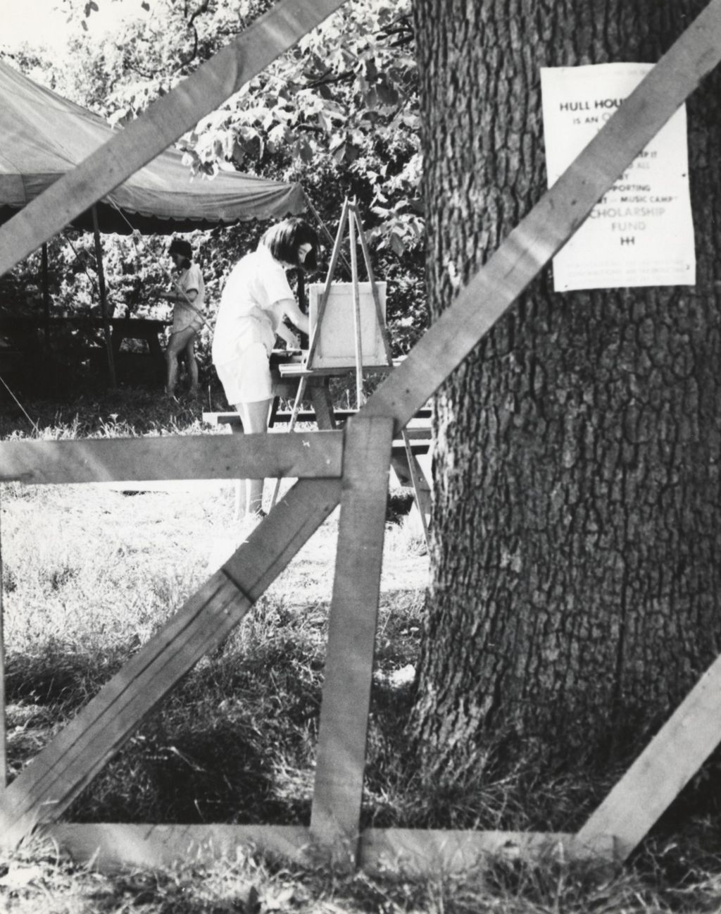 Miniature of Girl with easel by tent and large tree