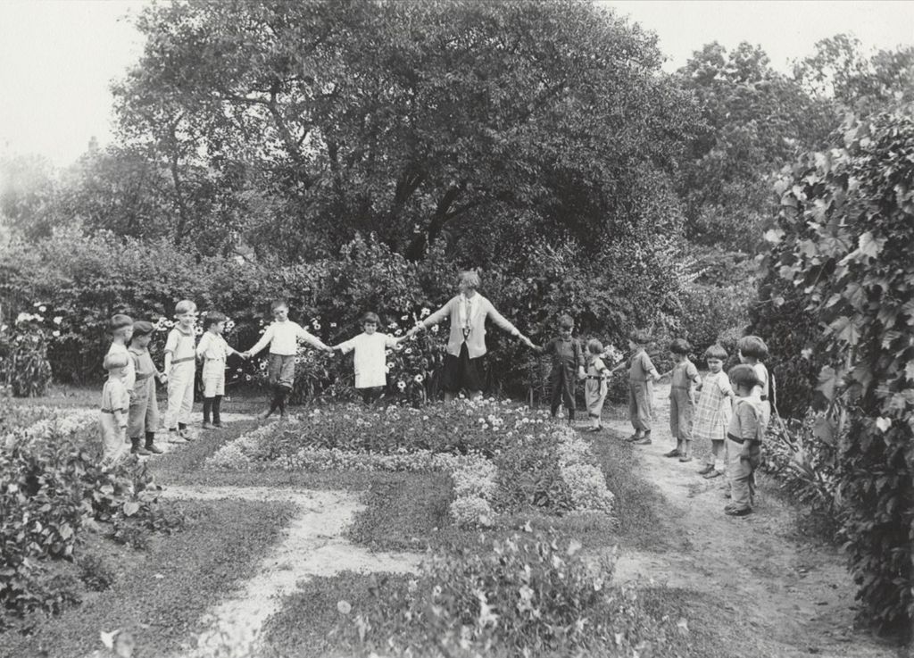 Miniature of Helen Servis and children in garden
