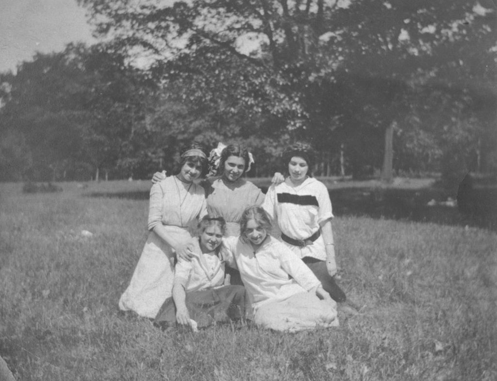Miniature of Five girls pose on lawn