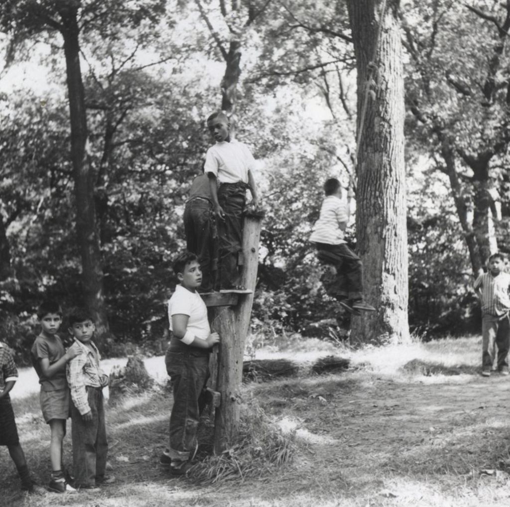 Boys with rope swing at Camp French