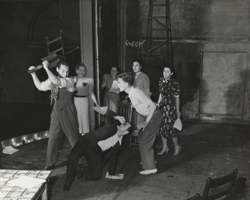 Miniature of Members of Hull-House Theatre Guild rehearsing the play "One Sunday Afternoon"
