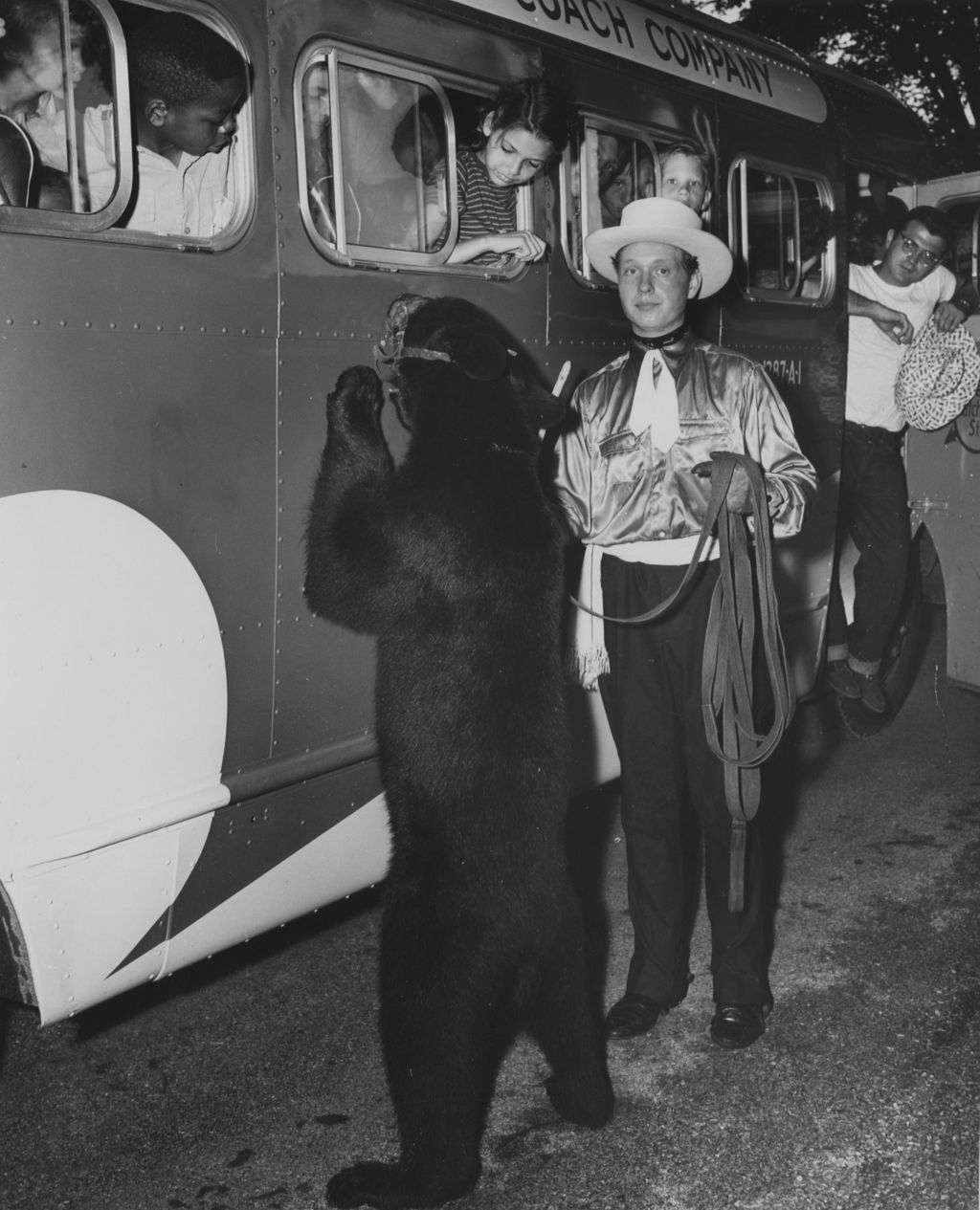 Bear on hind legs looking into bus filled with children from Hull-House during a trip to Hawthorn-Mellody Farms