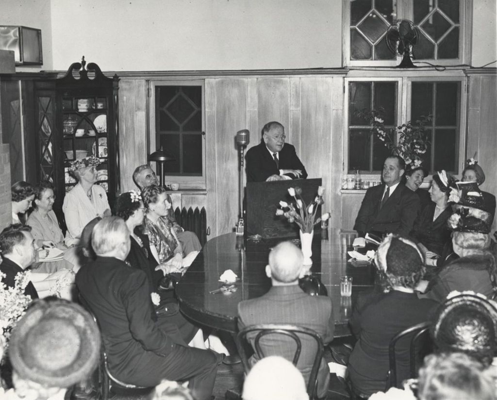 Former US Secretary for the Interior Harold Ickes speaks at the 1949 Hull-House Associates Dinner
