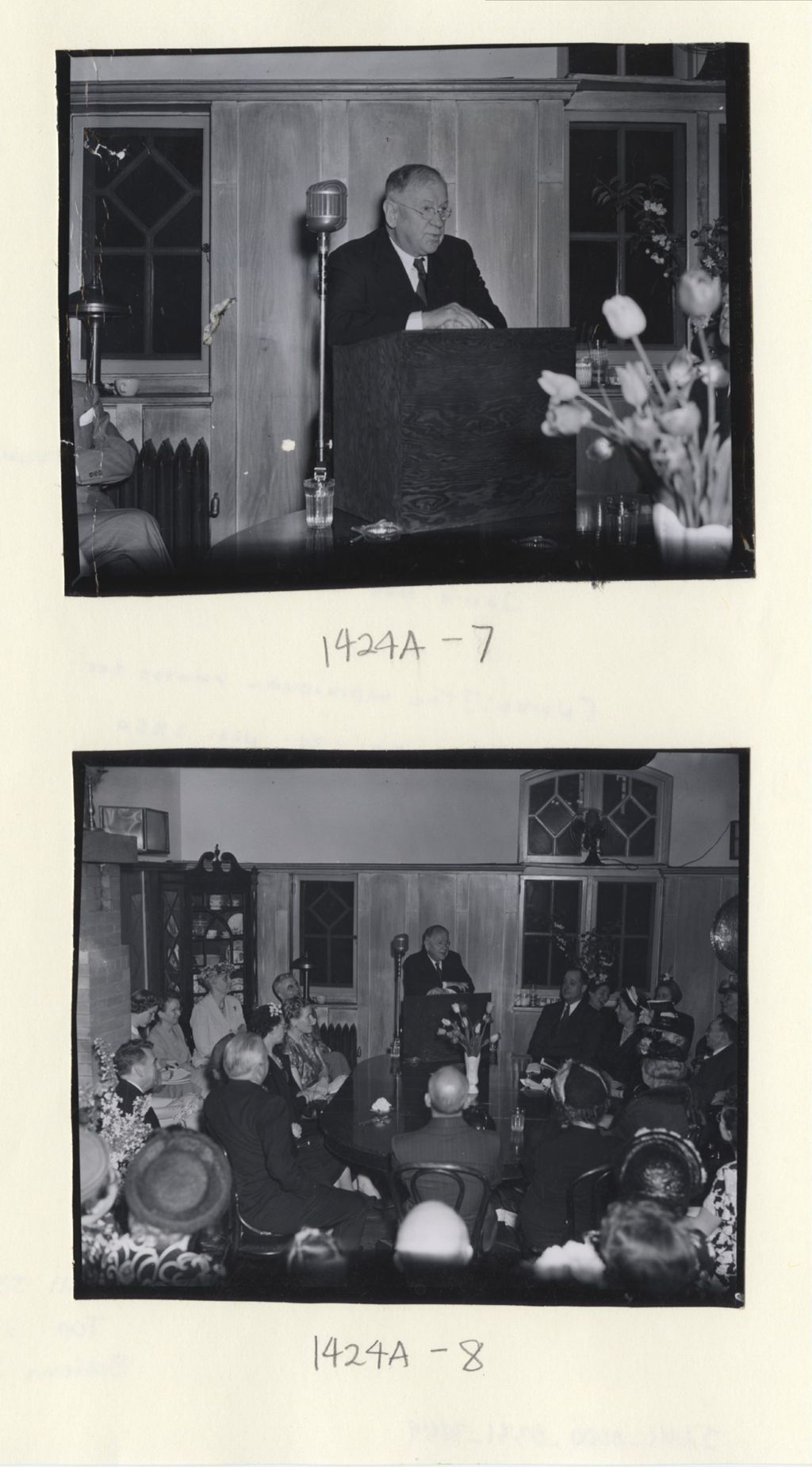 Two photos of Former US Secretary for the Interior Harold Ickes addressing attendees at the 1949 Hull-House Associates Dinner
