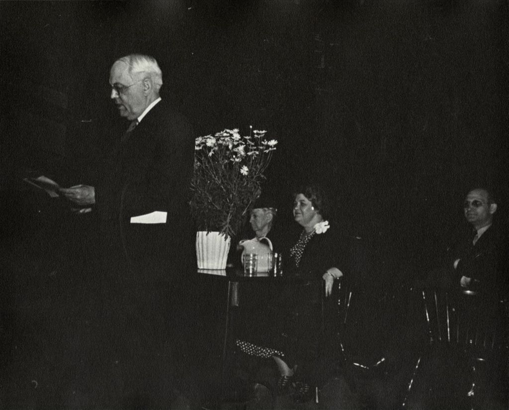 Man giving a speech at the 1940 Hull-House Alumni Dinner, part of the 50th Anniversary celebration