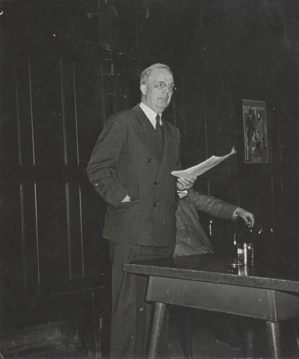 Clarence E. Pickett, executive secretary of the American Friends Service Committee, speaking at an event celebrating the 50th Anniversary of Hull-House