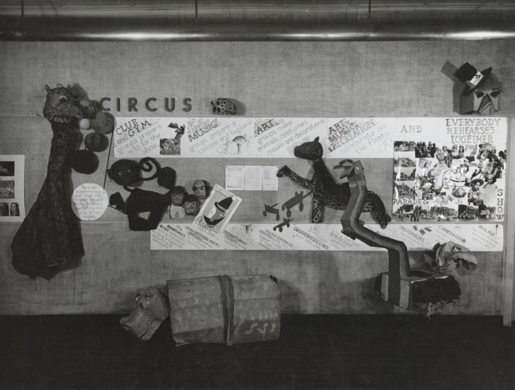 Display on wall of Hull-House's Benedict Art Gallery about May 24, 1940 children's circus celebrating Hull-House's 50th Anniversary