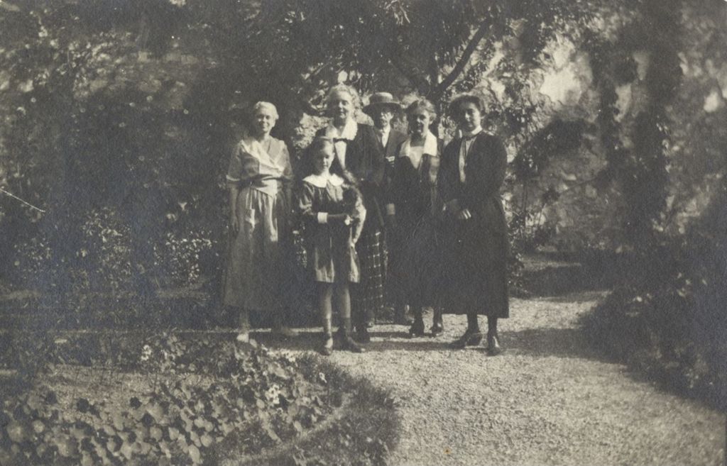 Hull-House residents Dr. John Francis Urie (and his daughter, Janet), Dr. Alice Hamilton, Edith de Nancrede, Mary Rozet Smith, and Esther Kohn at the home of Dr. & Mrs. Urie in Oria - Valsolda at Lake Lugano, Italy