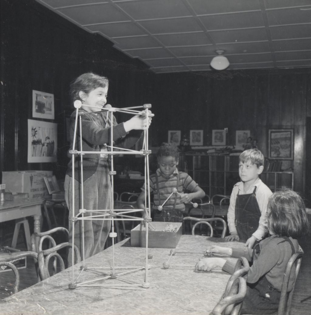 Miniature of Children at Hull-House playing with a Tinkertoy-type construction set