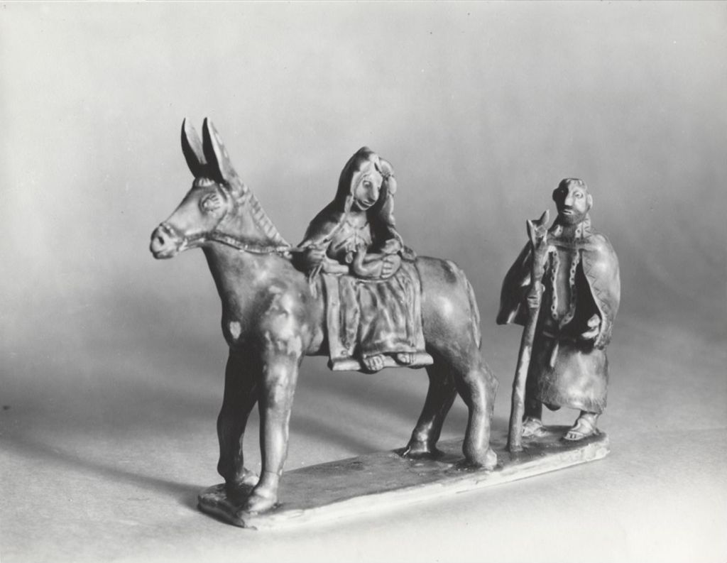 Ceramic sculpture of Mary, Joseph, Jesus, and a donkey by Miguel Juárez