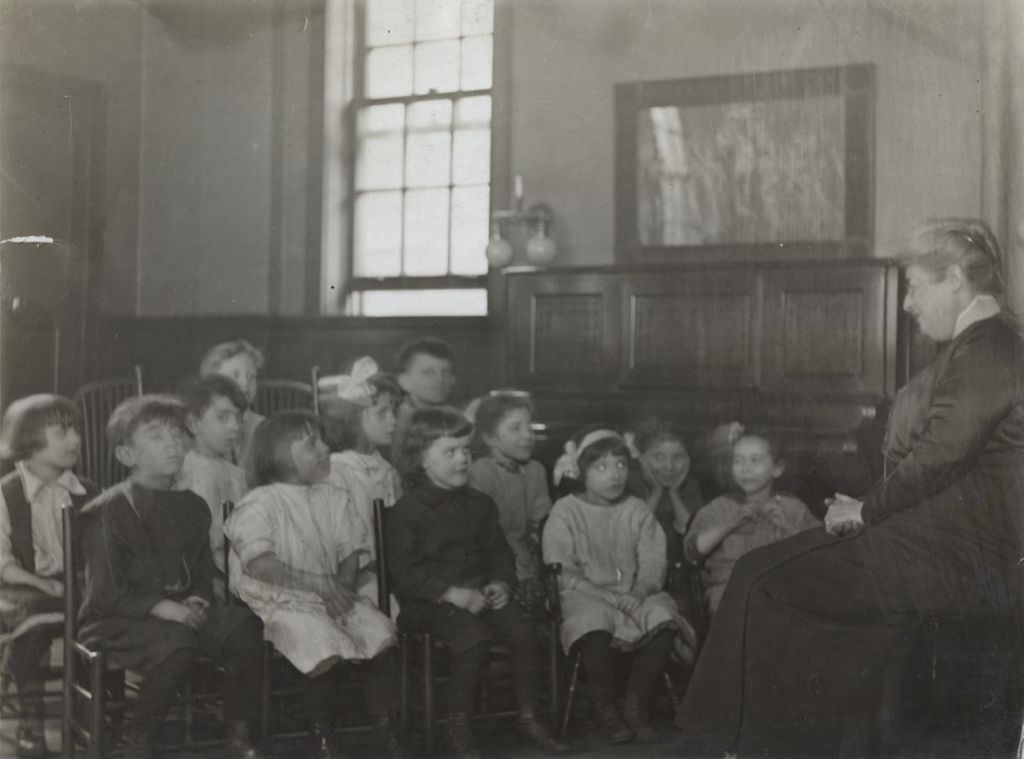 Miniature of Hull-House Music School co-founder Eleanor Smith with children's singing class