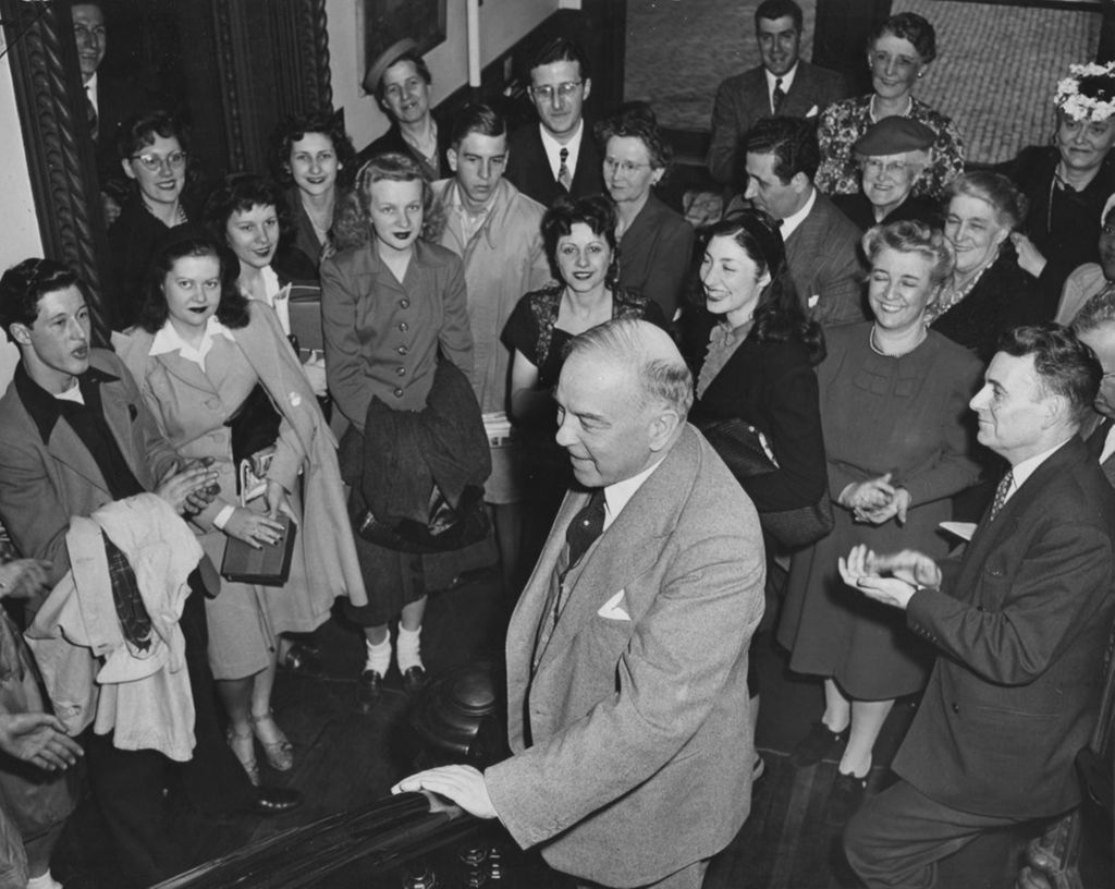 Canadian Prime Minister and former Hull-House resident W. L. Mackenzie King speaking to a group of high school students from Indiana and adults about his time at Hull-House
