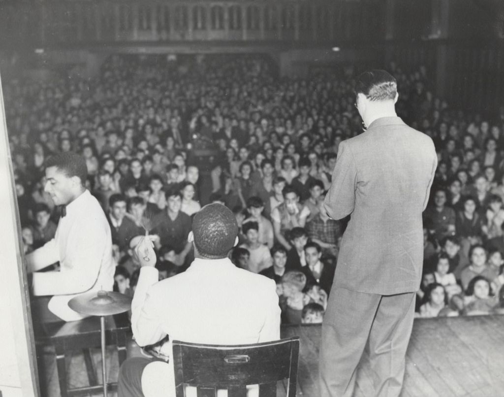 Jazz clarinetist and bandleader Benny Goodman and pianist Teddy Wilson playing a concert at Hull-House's Bowen Hall