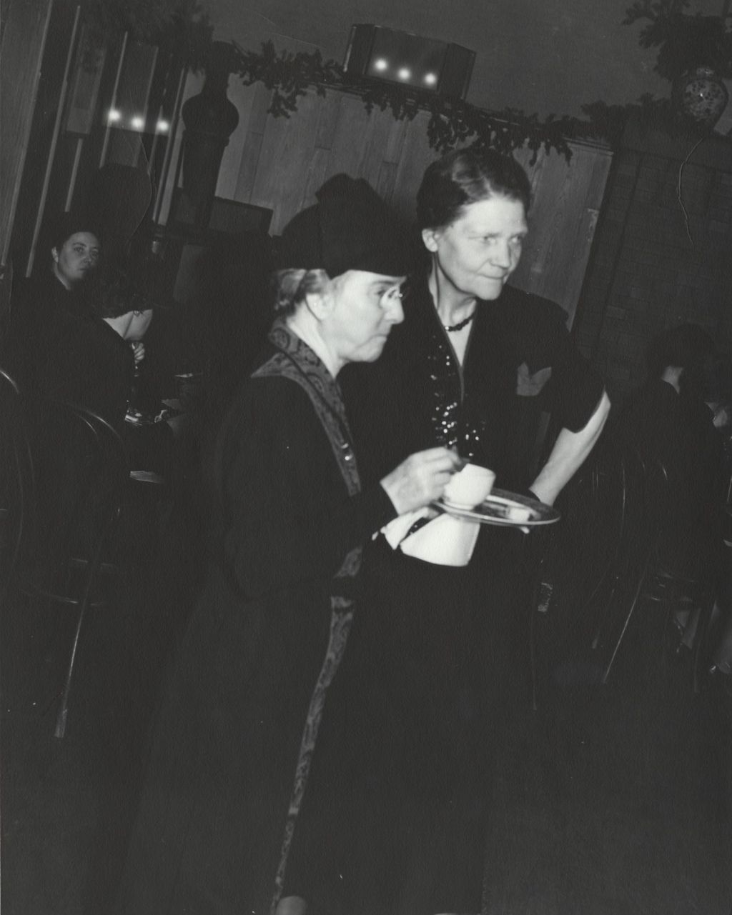 Miniature of Hull-House residents Rachelle Yarros and Ethel Dewey at a Hull-House reception