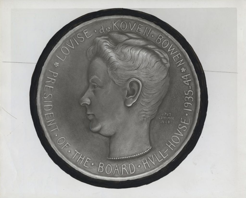 Bas relief plaque featuring the likeness of Louise de Koven Bowen in honor of her service to Hull-House