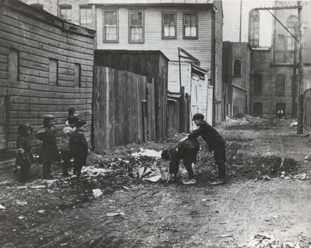 Miniature of Children playing leapfrog in an alley near Hull-House