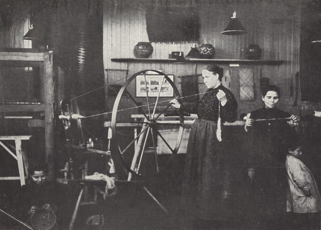 Miniature of Women spinning yarn at Hull-House Labor Museum