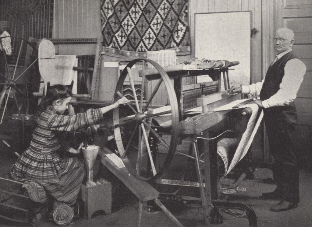 Miniature of Man and girl using textile equipment at Hull-House Labor Museum