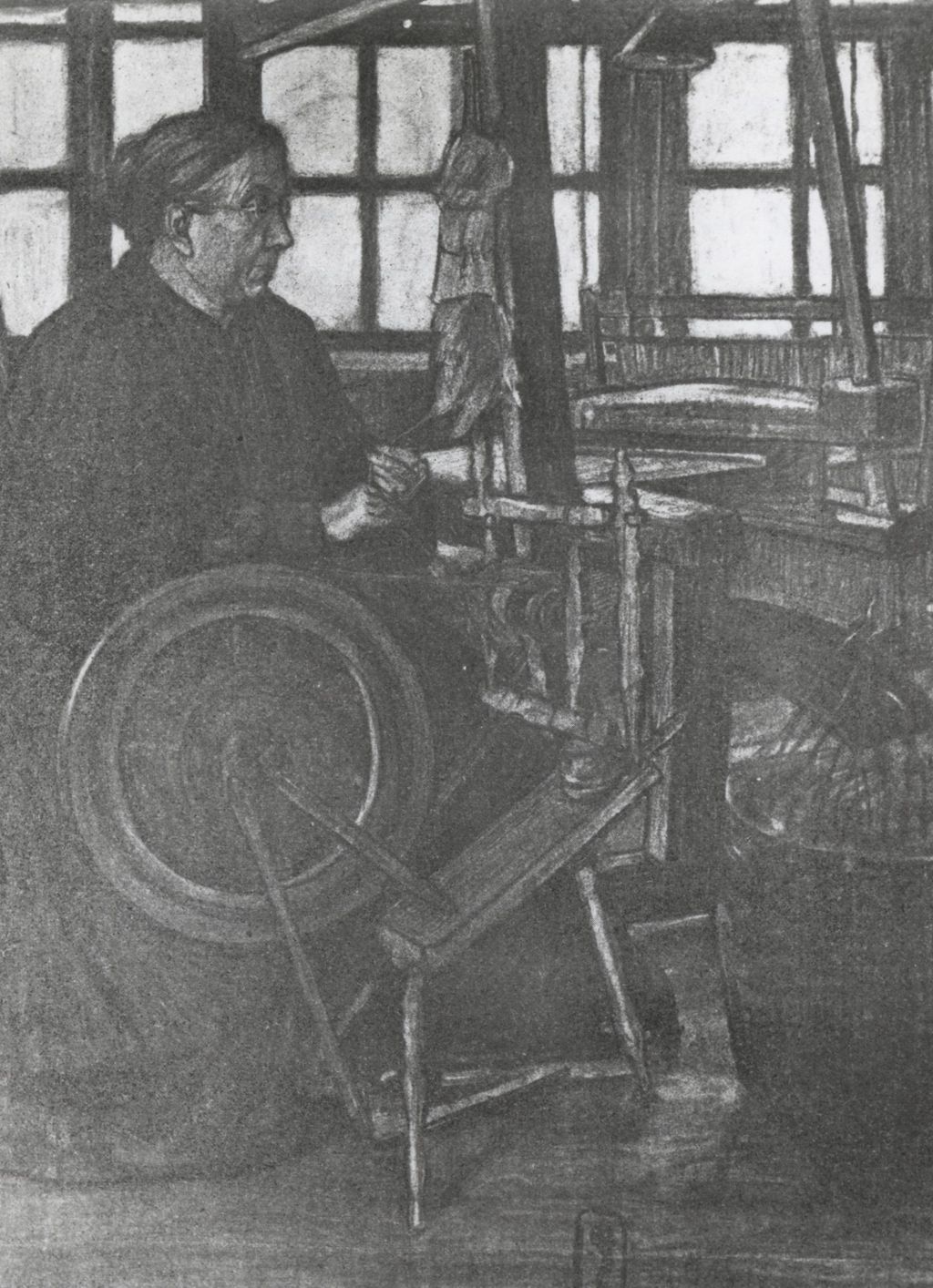 Drawing of woman at spinning wheel, Hull-House Labor Museum