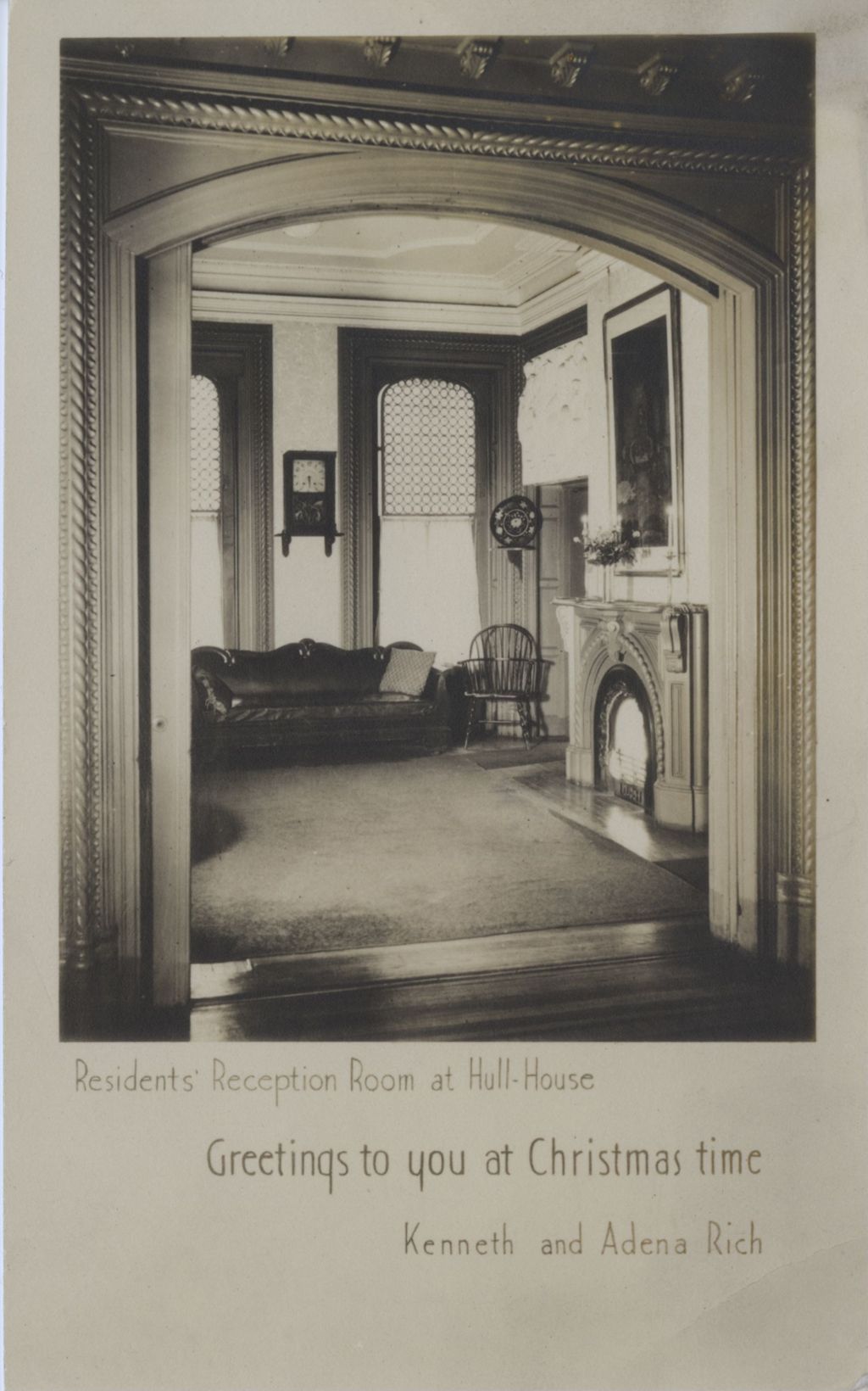 Miniature of Christmas card from Kenneth and Adena Rich with a photo of Residents' Reception Room at Hull-House