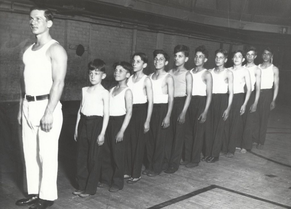 Boys' gymnastics class in Hull-House gymnasium