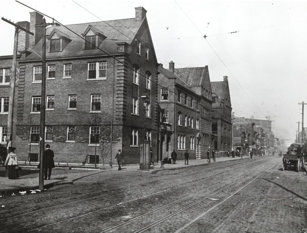 Miniature of Exterior of Hull-House building complex looking north along Halsted Street