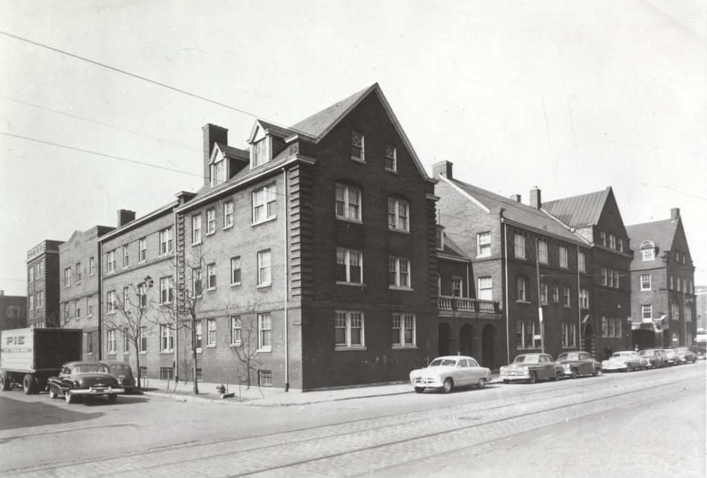 Hull-House complex looking northwest from Halsted St. and Cabrini St