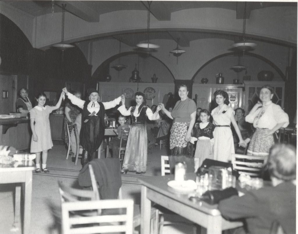 Miniature of Women and girls with Greek Mothers Club dancing at Hull-House coffee shop
