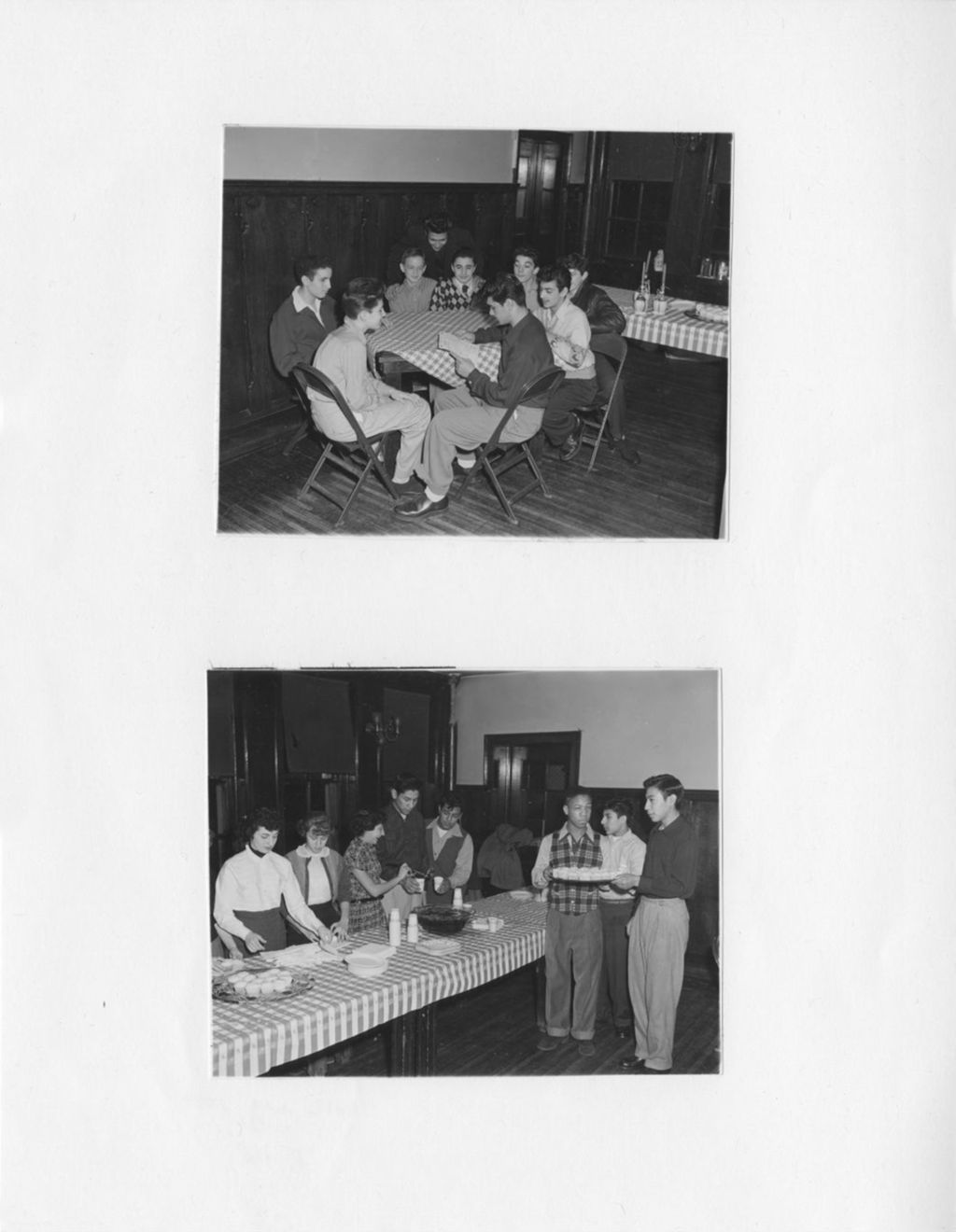 Miniature of (Top photo) Young men sit around a table; (Bottom photo) Young people at a refreshment table during a Hull-House social event