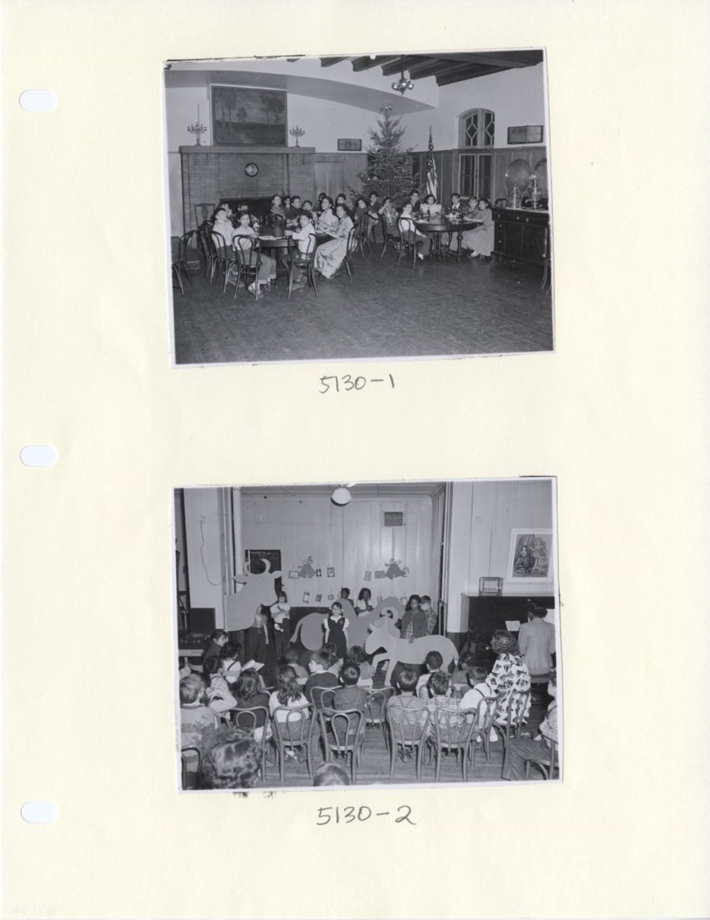 Miniature of (Top photo) Young people sitting at tables at 1957 Hull-House Christmas party; (Bottom photo) Children performing and watching at Hull-House Christmas party