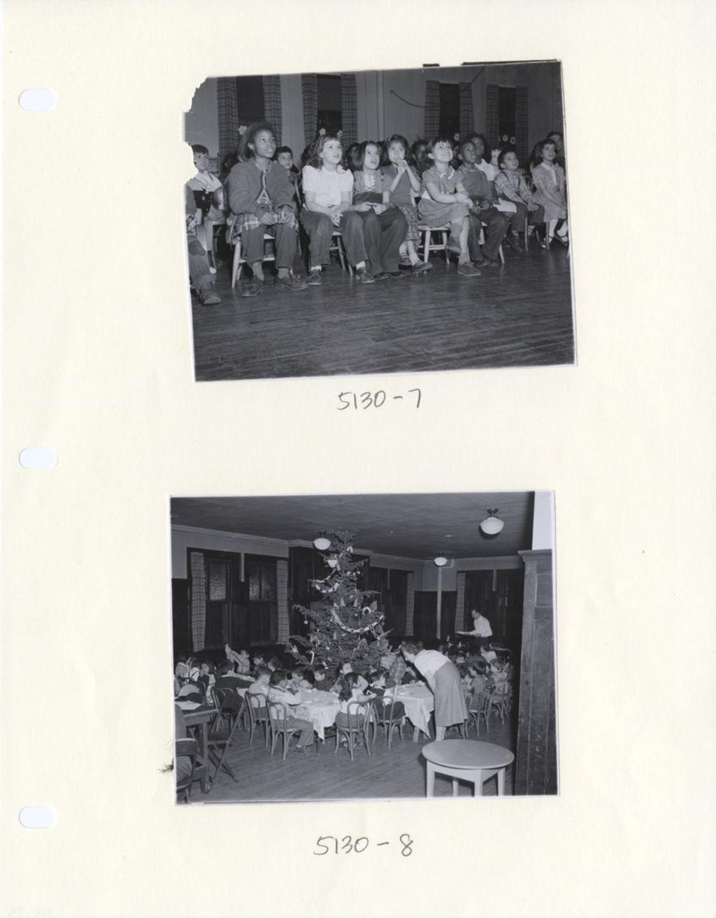 Miniature of (Top photo) Children seated watching performance at Hull-House Christmas party; (Bottom photo) Children sitting around tables at Hull-House Christmas party