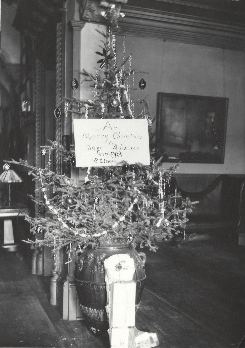 Miniature of Christmas tree with sign for Jane Addams