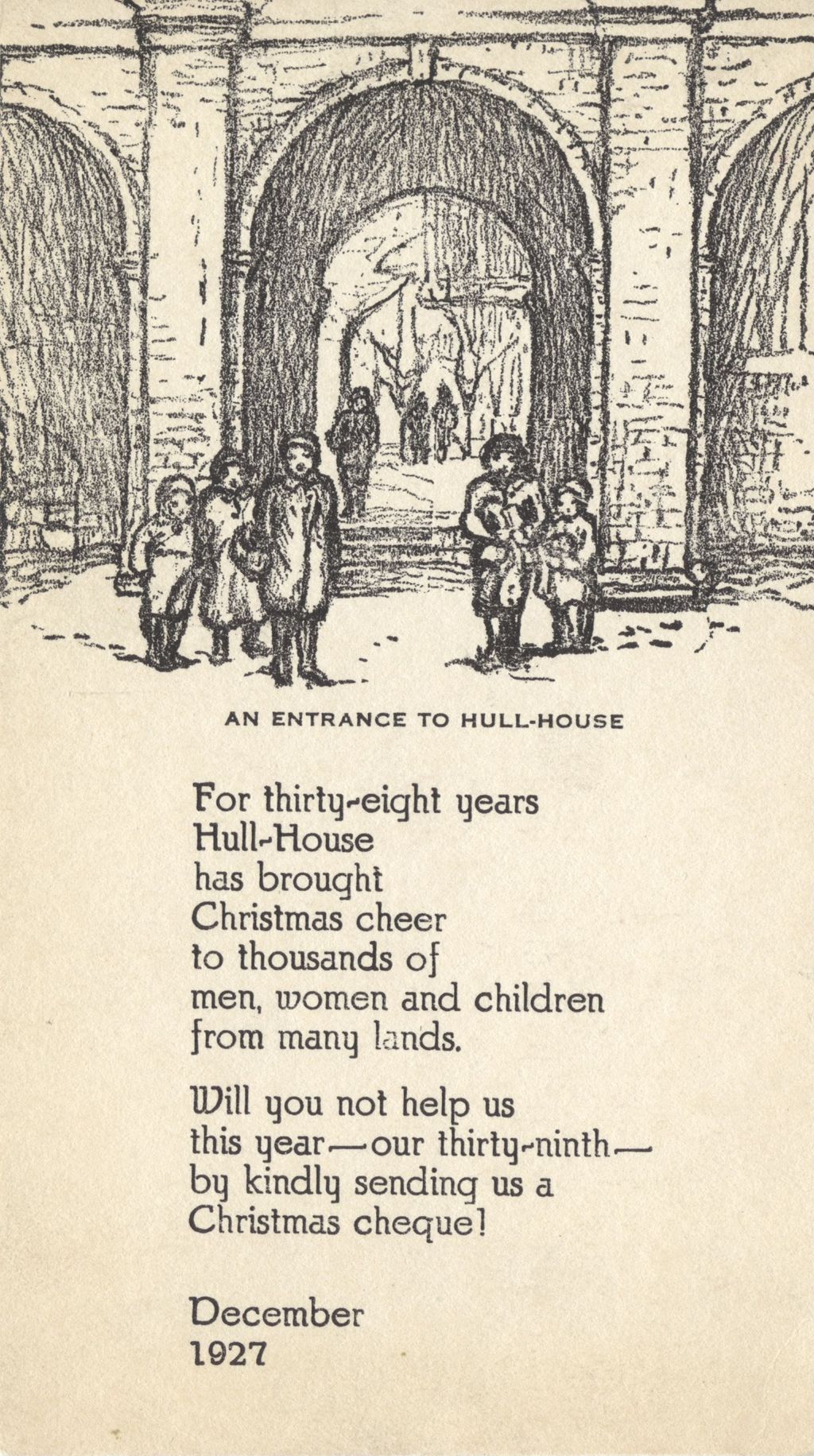 Fundraising card for Christmas 1927 with illustration of children outside arched entrance to Hull-House courtyard