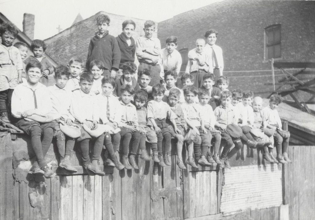Thirty-two boys on top of club house in Hull-House neighborhood