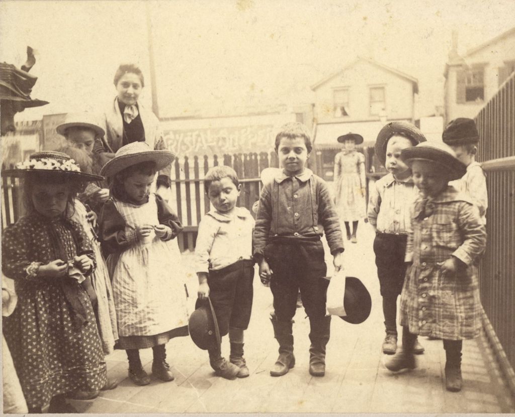 Miniature of Toddlers from kindergarten standing outside Hull mansion with teacher on the left