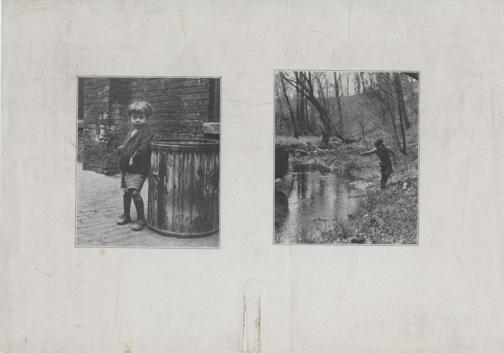 Miniature of Two photos of a boy, one photo in woods, one in city alley