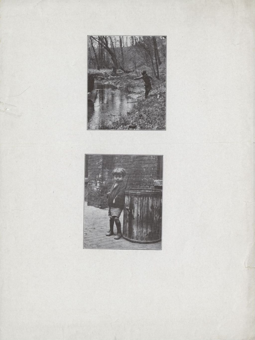 Two photos of a boy, one photo in woods, one in city alley